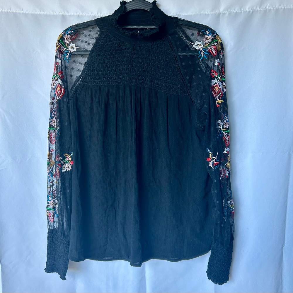 Floral Embroidered Black Blouse